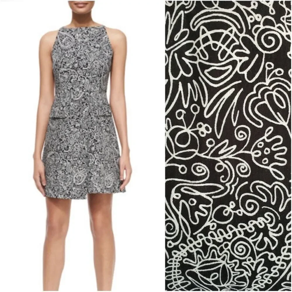 Tory Burch Paisley Doodle Print Sheath A-line Black and White Dress Size 10